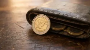 Moneta da 2 euro commemorativa Donatello appoggiata a un portafoglio con altre monete