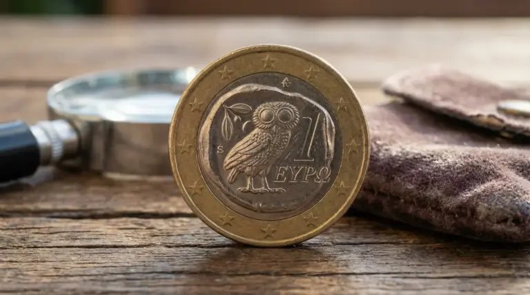 Moneta da 1 euro greca con gufo in primo piano su tavolo di legno