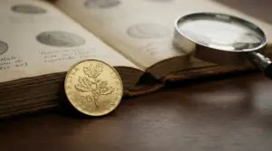 Moneta da 20 lire 1968 con ramo di quercia su un libro aperto, con lente d’ingrandimento accanto