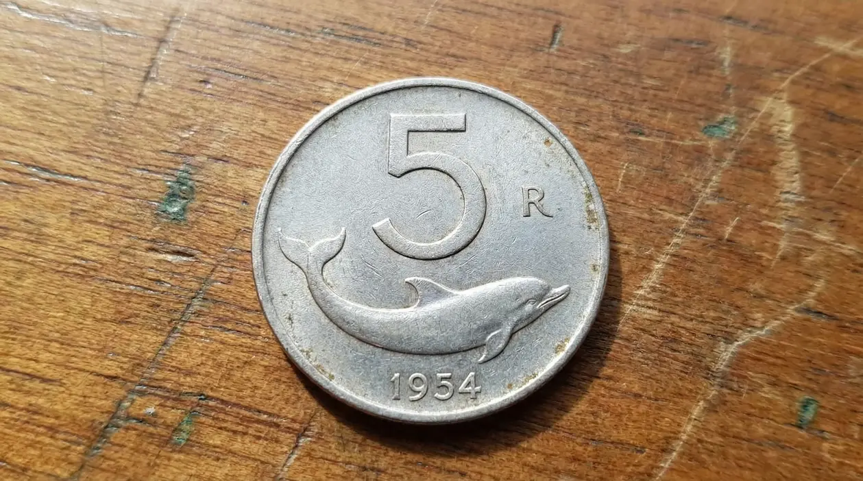 Moneta italiana da 5 lire del 1954 con delfino su sfondo di legno