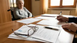 Documenti INPS su un tavolo con una persona anziana seduta sullo sfondo