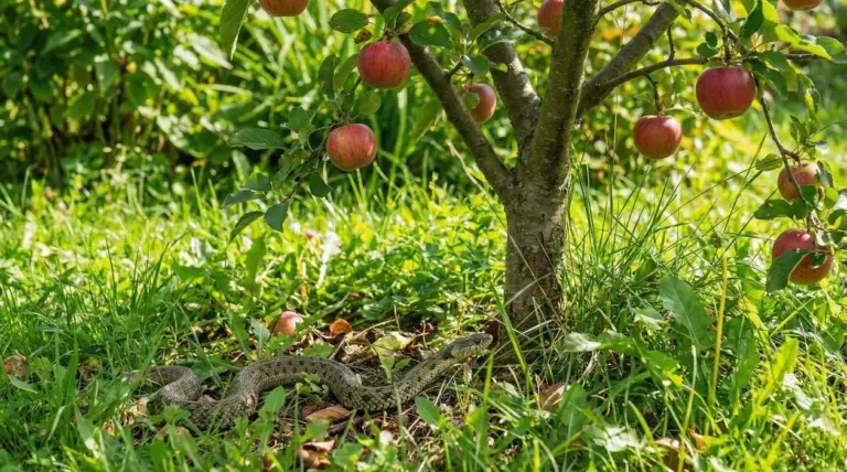 Serpente tra l'erba sotto un albero di mele in un giardino soleggiato