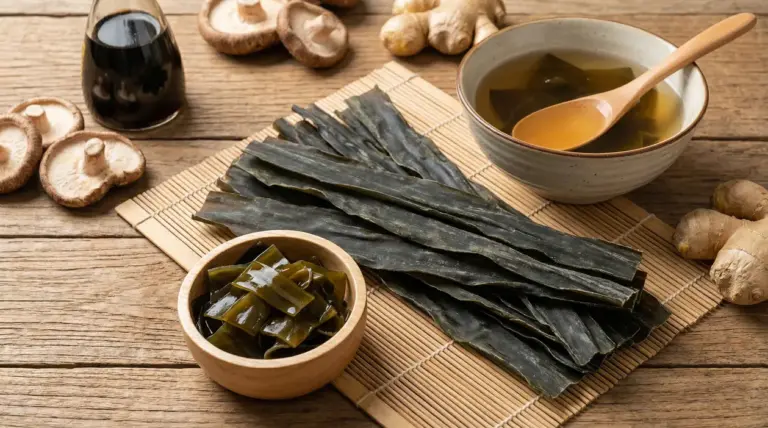 Foglie di alga kombu essiccata con ciotole di brodo e kombu reidratato su un tavolo di legno