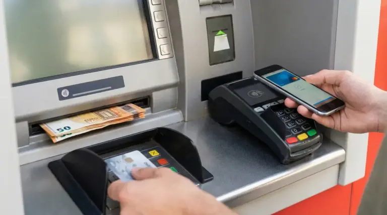 Sportello bancomat con banconote in uscita e POS contactless usato con smartphone per un pagamento