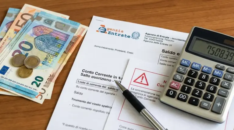 Documenti bancari su scrivania con banconote in euro, monete, calcolatrice e penna per controllo conto corrente