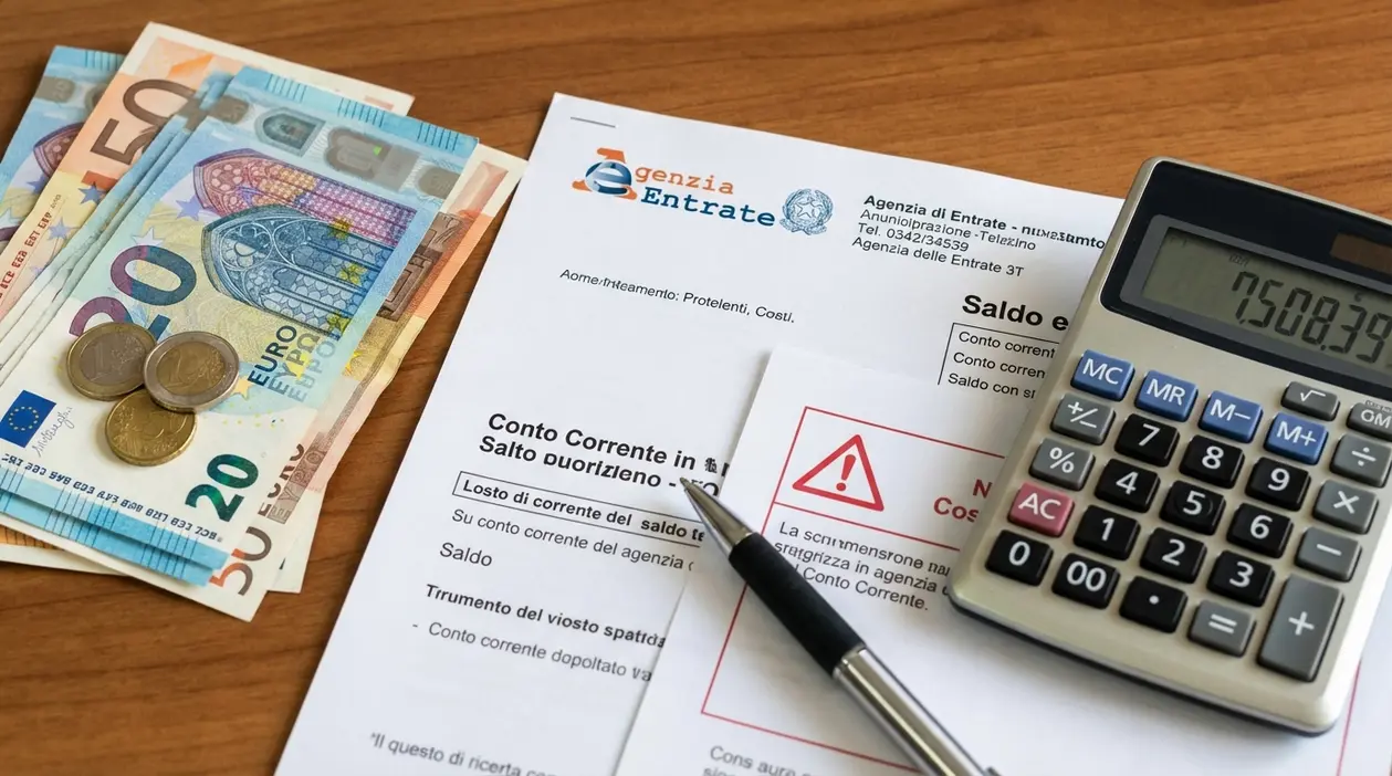 Documenti bancari su scrivania con banconote in euro, monete, calcolatrice e penna per controllo conto corrente