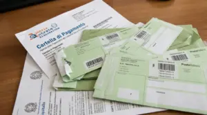 Cartella di pagamento e buste di notifica su un tavolo, legate a cartelle esattoriali e riscossione