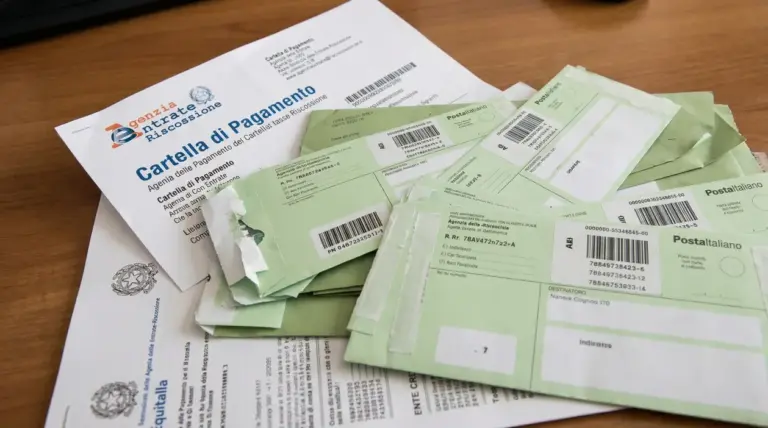 Cartella di pagamento e buste di notifica su un tavolo, legate a cartelle esattoriali e riscossione