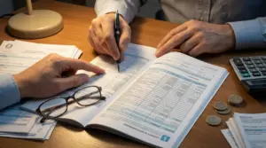 Due persone esaminano documenti fiscali su una scrivania con calcolatrice e monete