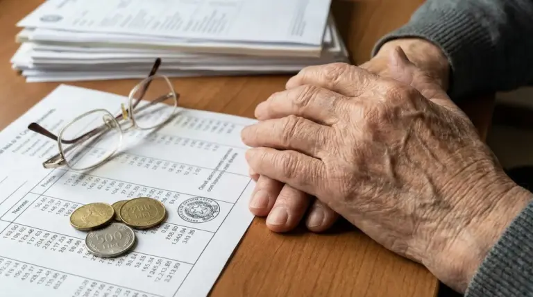 Mani di una persona anziana su documenti con tabelle e monete
