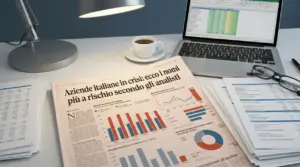 Scrivania con laptop e report finanziari, grafici e documenti per analisi su aziende italiane in crisi