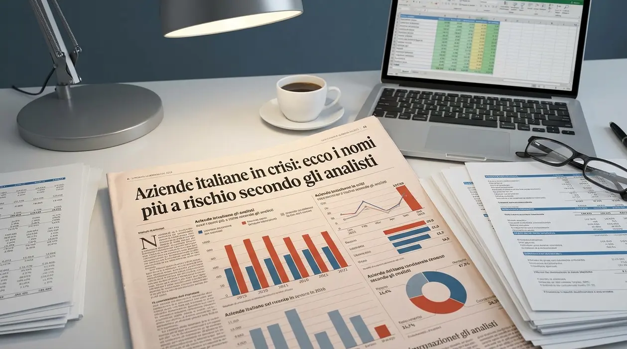 Scrivania con laptop e report finanziari, grafici e documenti per analisi su aziende italiane in crisi