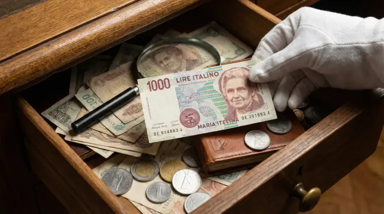 Banconota da 1000 lire con Maria Montessori tenuta da una mano guantata sopra un cassetto con vecchie monete e banconote