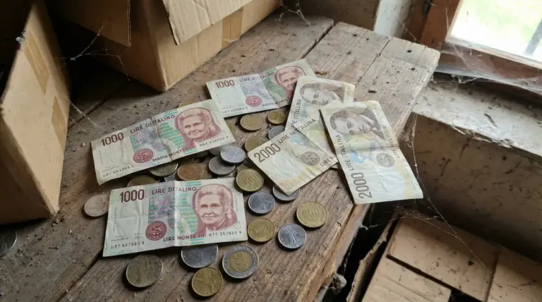 Vecchie banconote e monete in lire italiane appoggiate su un tavolo impolverato in soffitta