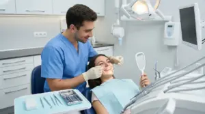 Dentista visita una paziente sulla poltrona odontoiatrica in studio, con strumenti e specchietto in mano