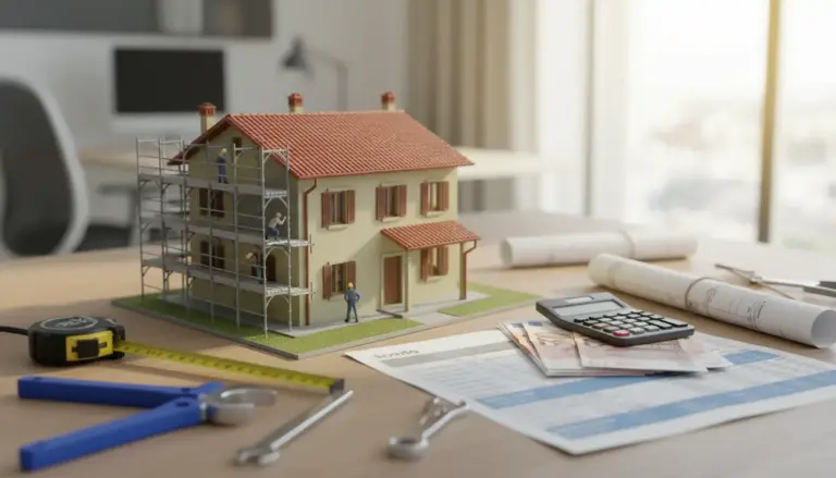 Modellino di casa con impalcatura e documenti, calcolatrice e banconote su un tavolo per bonus ristrutturazione