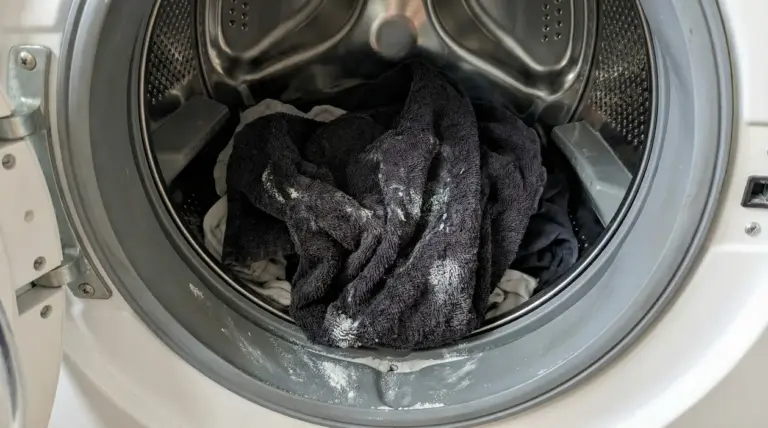 Asciugamani sporchi di detersivo dentro a una lavatrice aperta