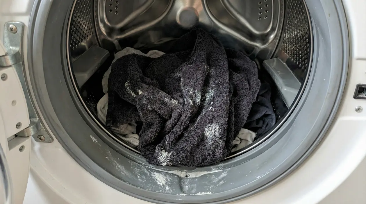 Asciugamani sporchi di detersivo dentro a una lavatrice aperta