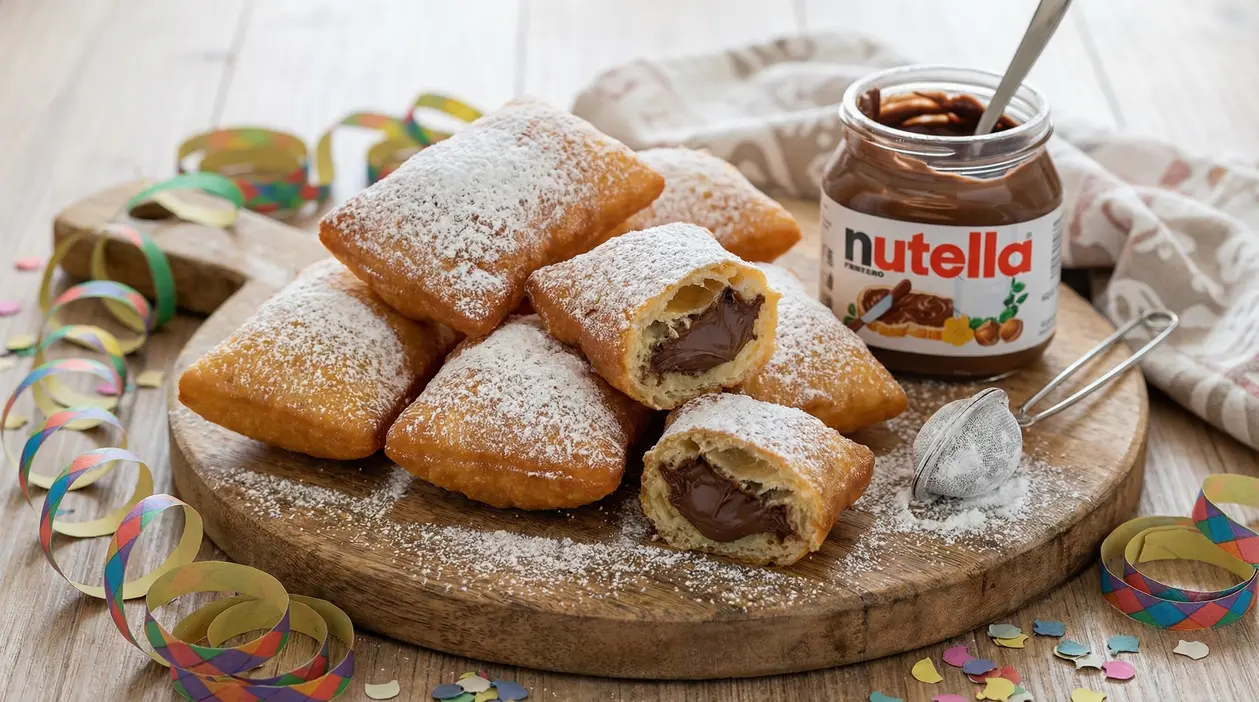 Bugie di carnevale ripiene di Nutella su un tagliere, spolverate di zucchero a velo