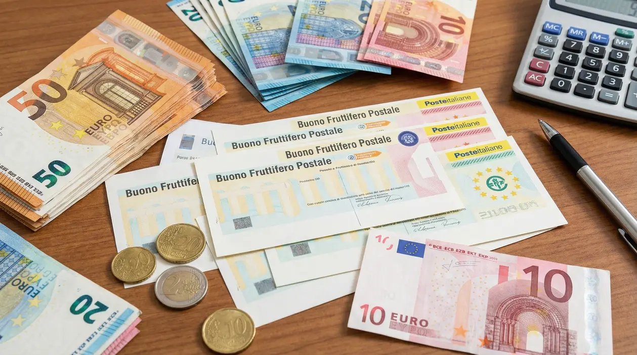 Buoni fruttiferi postali, banconote in euro, monete e calcolatrice su un tavolo