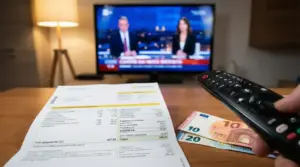 Bolletta della luce con voce Canone TV, telecomando e banconote su un tavolo davanti alla televisione accesa