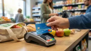 Una persona paga alla cassa del supermercato con una carta acquisti su POS, con frutta e spesa sul banco