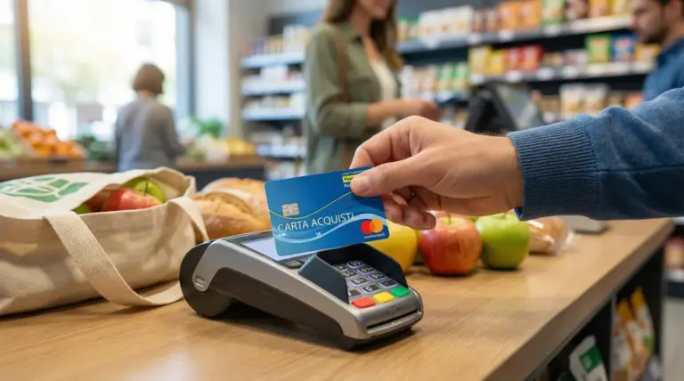 Una persona paga alla cassa del supermercato con una carta acquisti su POS, con frutta e spesa sul banco