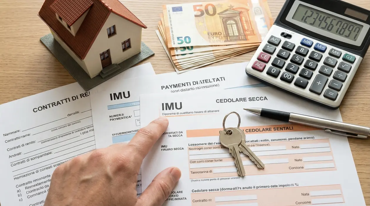 Documenti IMU e cedolare secca con calcolatrice, banconote, chiavi e modellino di casa su scrivania