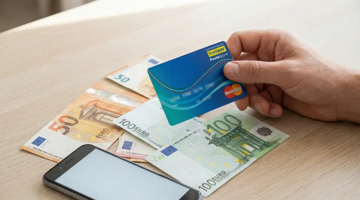 Mano che tiene una carta Postepay sopra banconote in euro su un tavolo