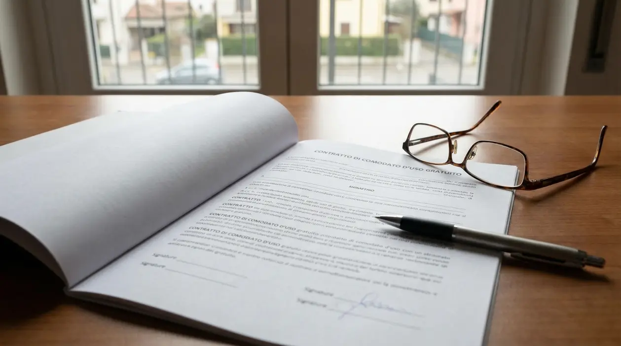 Contratto di comodato d’uso gratuito su scrivania con penna e occhiali, vicino a una finestra