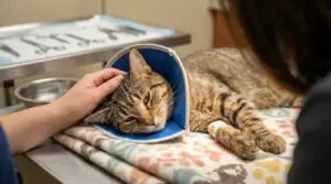 Gatto sdraiato su un tavolo veterinario con collare elisabettiano dopo la sterilizzazione