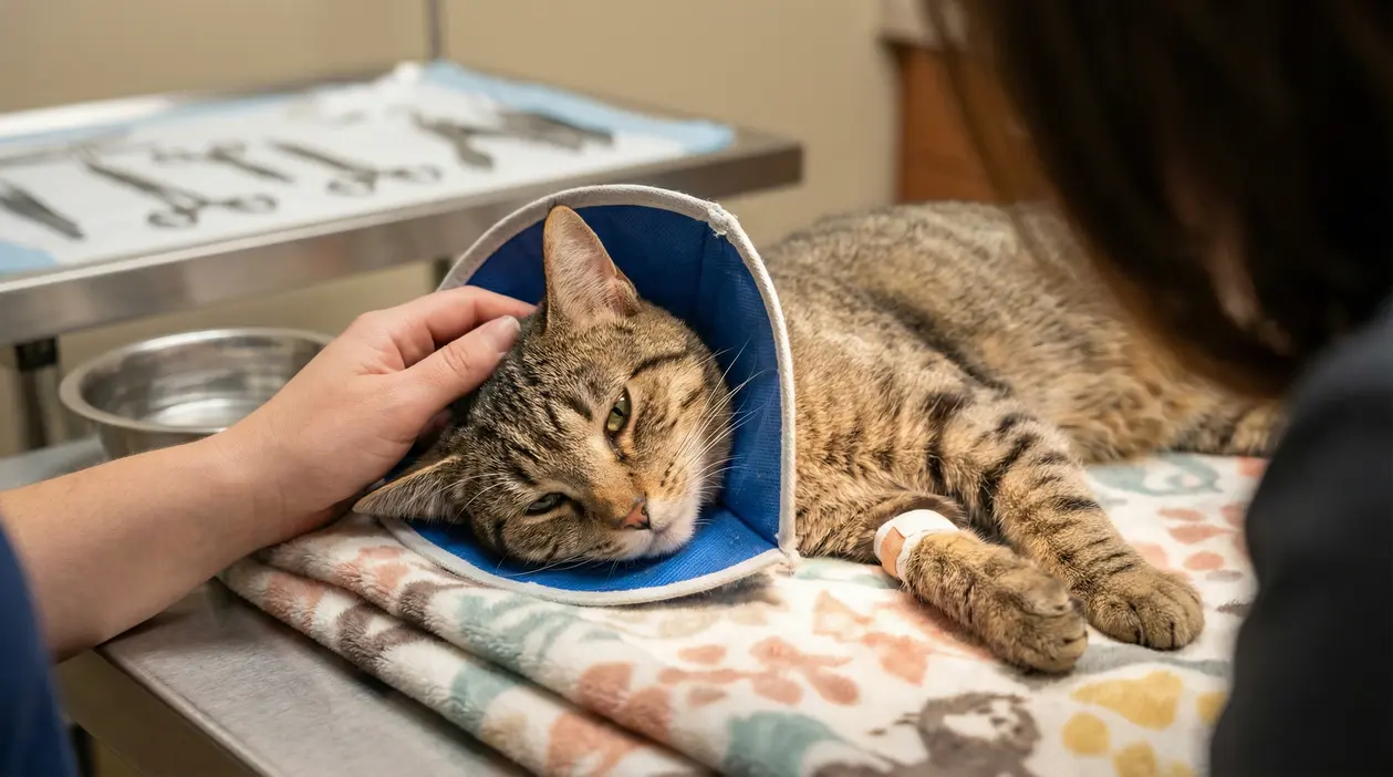 Gatto sdraiato su un tavolo veterinario con collare elisabettiano dopo la sterilizzazione