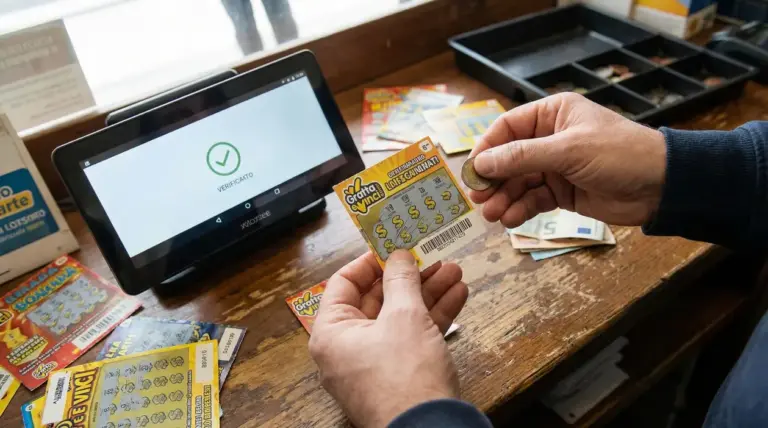 Una persona controlla un gratta e vinci vicino a un terminale in una tabaccheria