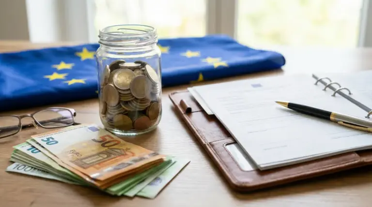 Barattolo di monete euro, banconote e documenti su un tavolo con bandiera dell'Unione Europea