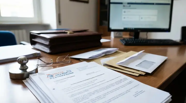 Scrivania con documenti e lettere dell’Agenzia Entrate-Riscossione, timbro e computer in ufficio