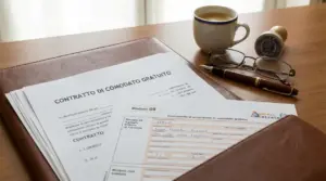 Documenti per il contratto di comodato d’uso gratuito su una scrivania