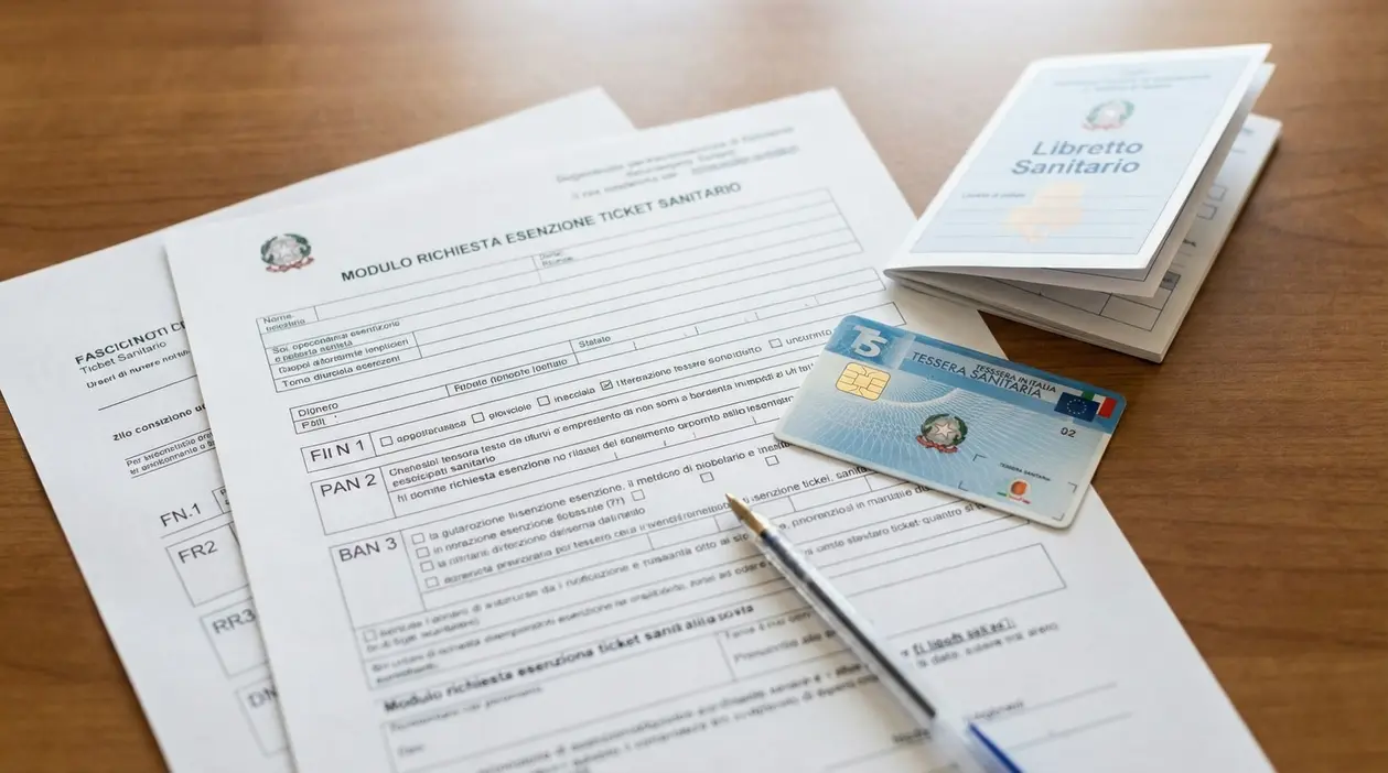 Modulo per richiesta esenzione ticket sanitario con tessera sanitaria, penna e libretto sanitario su tavolo