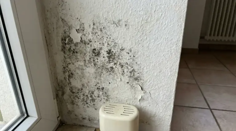 Muffa nera su una parete interna vicino a una finestra con pittura scrostata