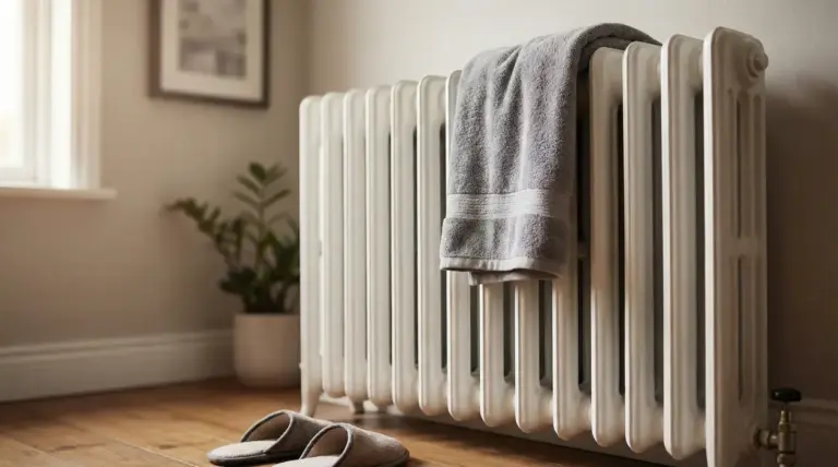 Termosifone in ghisa con un asciugamano appoggiato sopra in una stanza, possibile ostacolo alla diffusione del calore