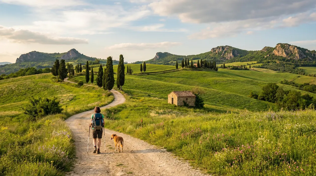 Persona che cammina con un cane su un sentiero tra colline verdi e cipressi