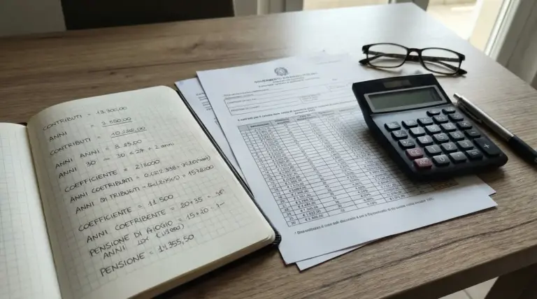 Taccuino con calcoli pensionistici, documenti ufficiali, calcolatrice e occhiali su un tavolo.