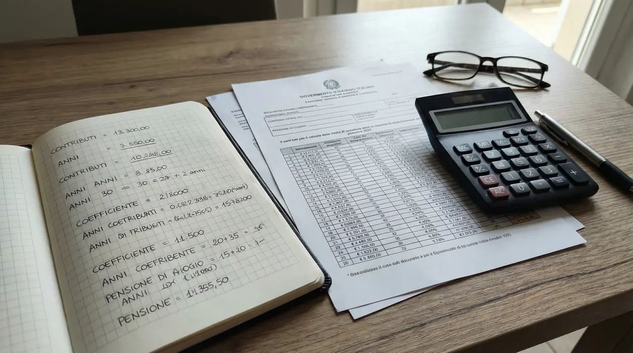 Taccuino con calcoli pensionistici, documenti ufficiali, calcolatrice e occhiali su un tavolo.