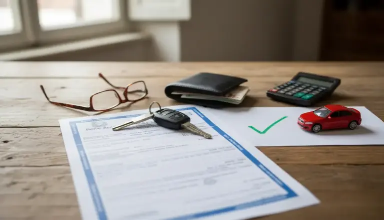 Documenti del bollo auto su un tavolo con chiavi dell’auto, portafoglio, calcolatrice e modellino di auto rossa