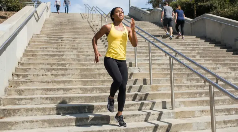 Persona che corre su una lunga scalinata all'aperto durante l'allenamento