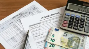 Documenti ISEE 2025 con calcolatrice, penna e banconote su un tavolo.