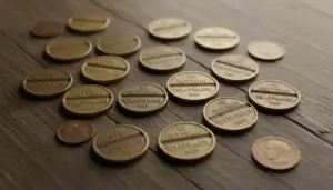 Gettoni telefonici d’epoca anni ’60 e ’70 sparsi su un tavolo di legno