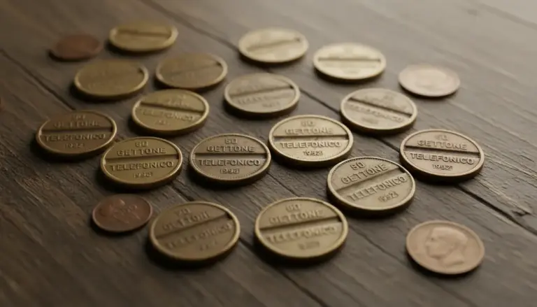 Gettoni telefonici d’epoca anni ’60 e ’70 sparsi su un tavolo di legno