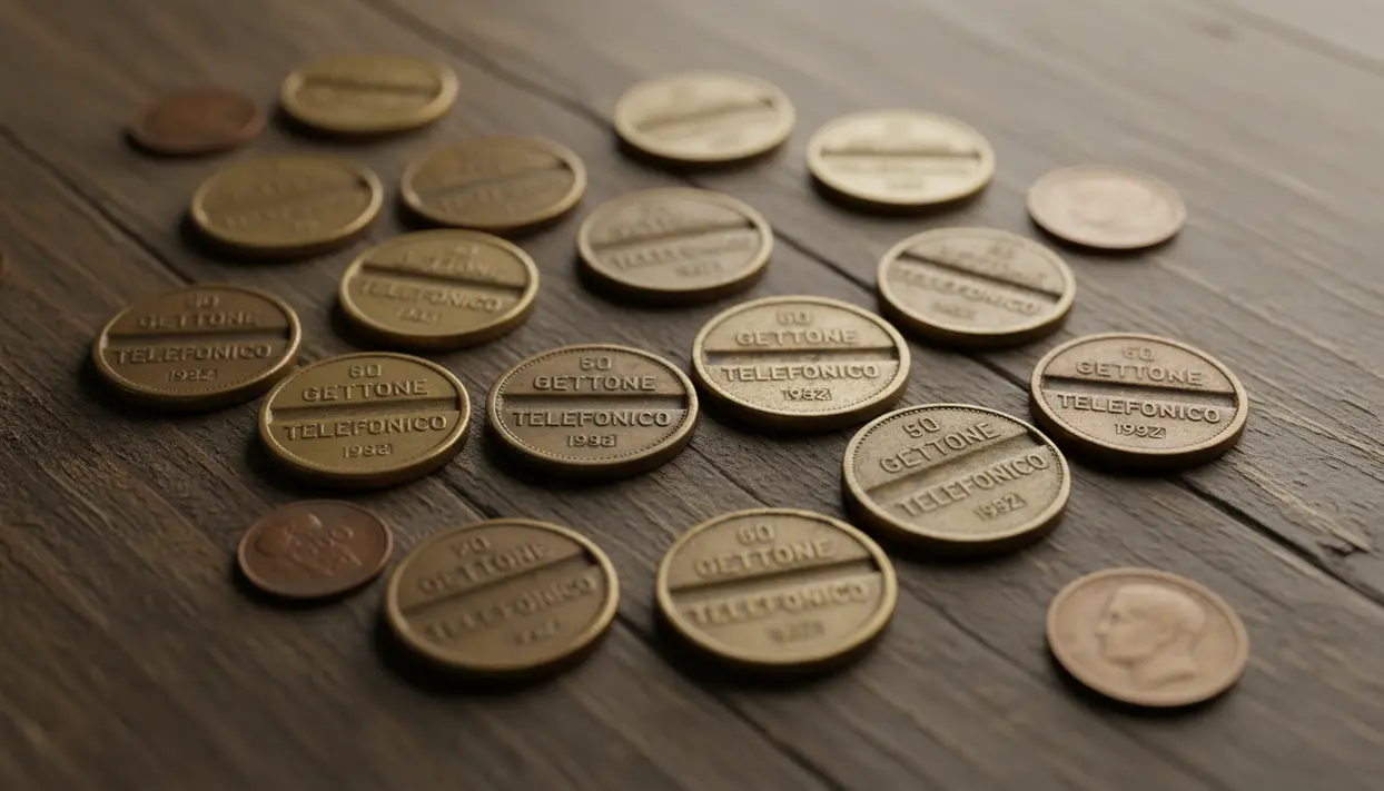 Gettoni telefonici d’epoca anni ’60 e ’70 sparsi su un tavolo di legno