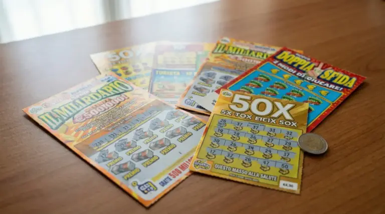 Gratta e vinci di diversi tipi disposti su un tavolo di legno con una moneta