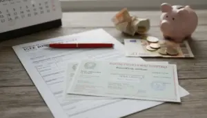 Modulo DSU per ISEE con buoni fruttiferi postali, penna e salvadanaio con banconote e monete su un tavolo